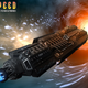 A spaceship heads toward a glowing wormhole in this sci-fi illustration.